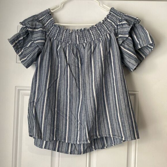 Caslon off the shoulder Striped Linen Blend Top Size Large - Picture 2 of 8
